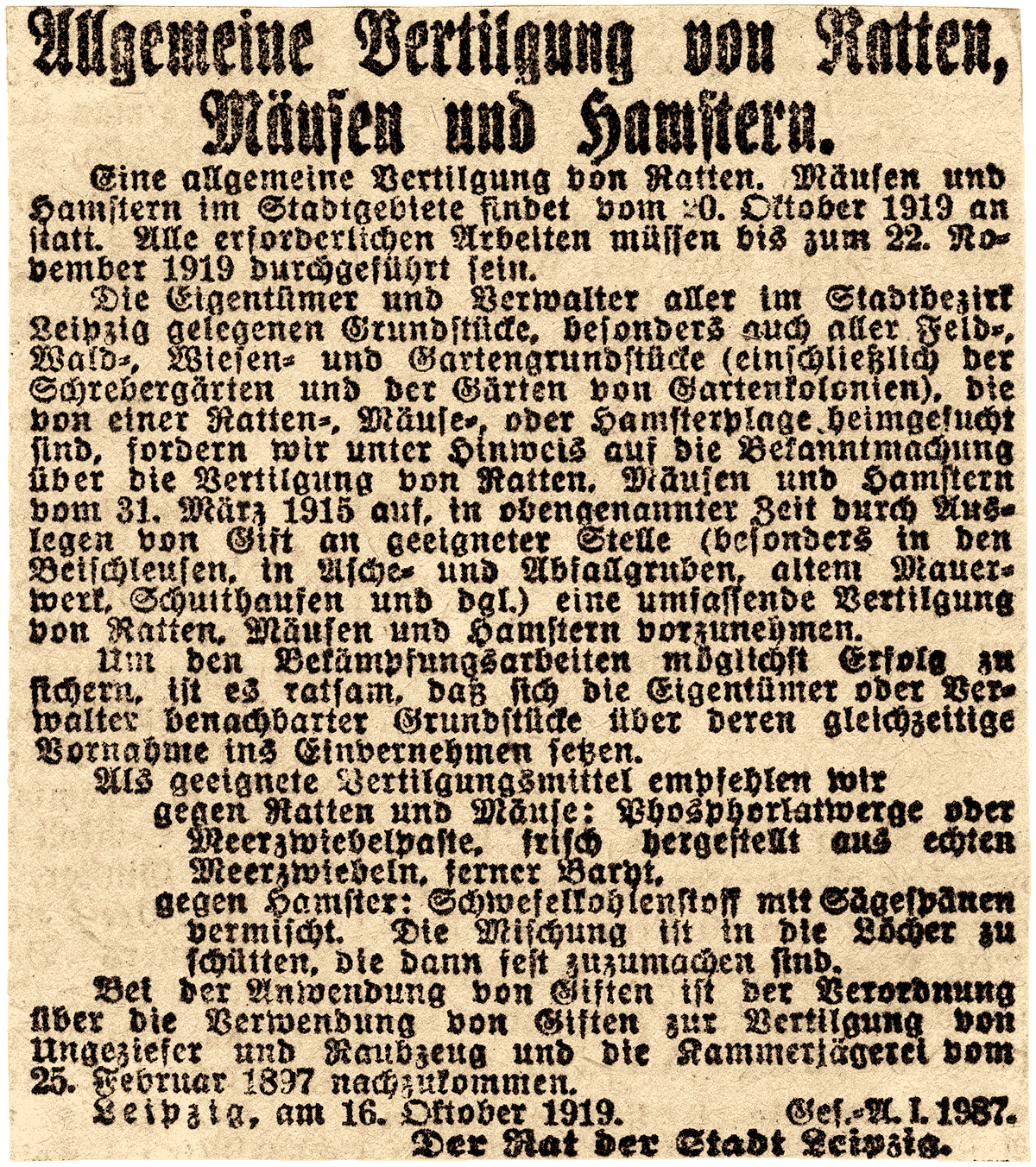 Allgemeine Vertilgung von Ratten, Mäusen und Hamstern. | Quelle: Leipziger Tageblatt